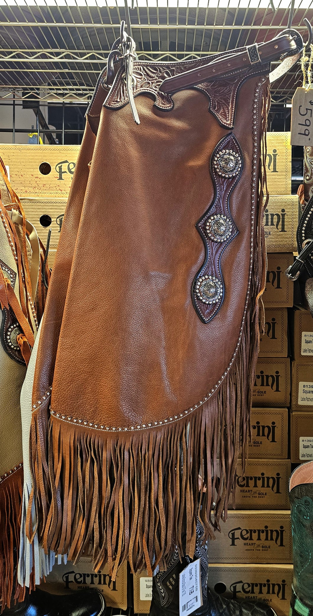 John Clark Saddle Brown Leather Chinks Floral Yoke Chocolate Accents