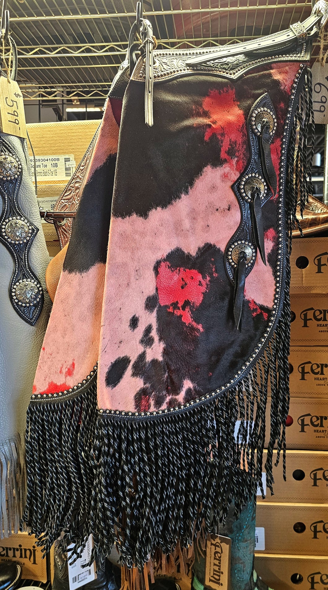 John Clark Acid Wash Twisted Fringe Chinks Floral Studded Yoke
