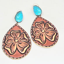 Engraved Leather Turquoise Earrings Sterling