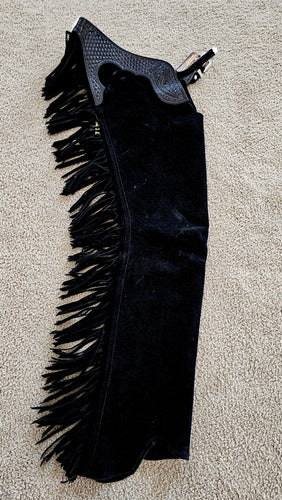 Adult Small Long Black Suede Chaps with Floral Black Yoke