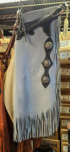 John Clark Light Grey Leather Chinks Floral Yoke Black Accents