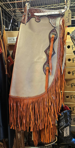 John Clark Natural Leather Chinks Floral Yoke Rust Fringe