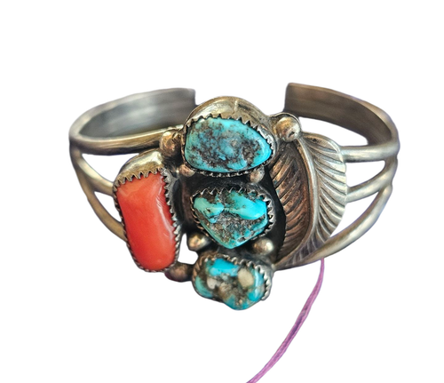 Patina Navajo Cuff Turquoise/Coral Sterling