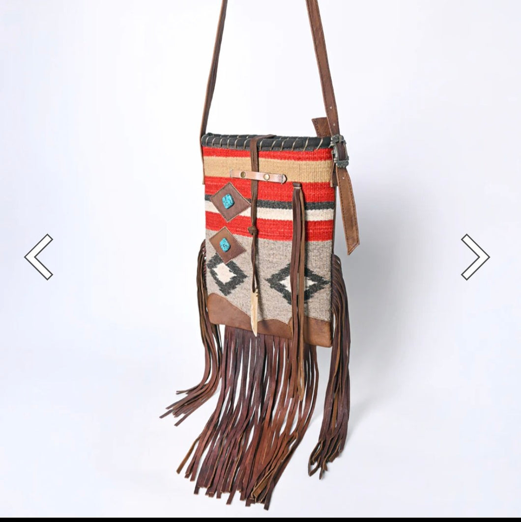 American Darling Western Leather Crossbody Bag with Fringe & Handwoven Saddle Blanket
