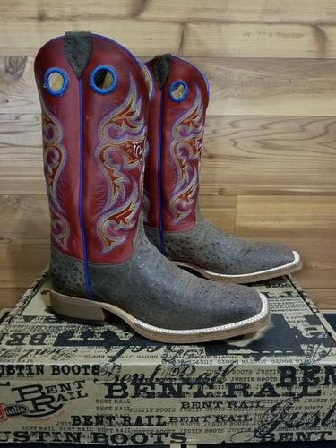 R Justin Bent Rail Brown Ostrich Print Boots