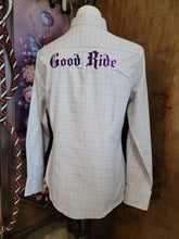 Good Ride Ladies Button Down Shirt Grey Plaid Grape Logo