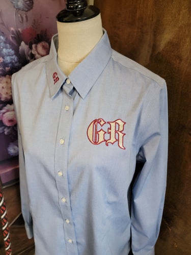 Good Ride Ladies Button Down Shirt Light Denim Red Logo