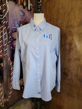 Good Ride Ladies Button Down Shirt Light Denim Blue Logo