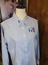 Good Ride Ladies Button Down Shirt Light Denim Blue Logo