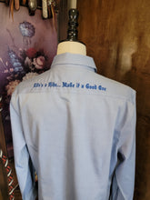 Good Ride Ladies Button Down Shirt Light Denim Blue Logo