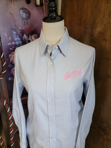 Good Ride Ladies Button Down Shirt Light Grey with Pink Logo