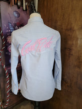 Good Ride Ladies Button Down Shirt Light Grey with Pink Logo