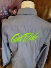Good Ride Ladies Button Down Shirt Denim Blue/Lime Green Logo