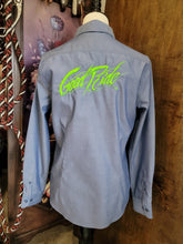 Good Ride Ladies Button Down Shirt Denim Blue/Lime Green Logo