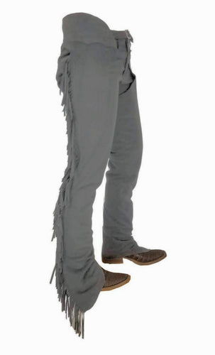 Steel Grey Ultrasuede Long Chaps with a stretch panel.