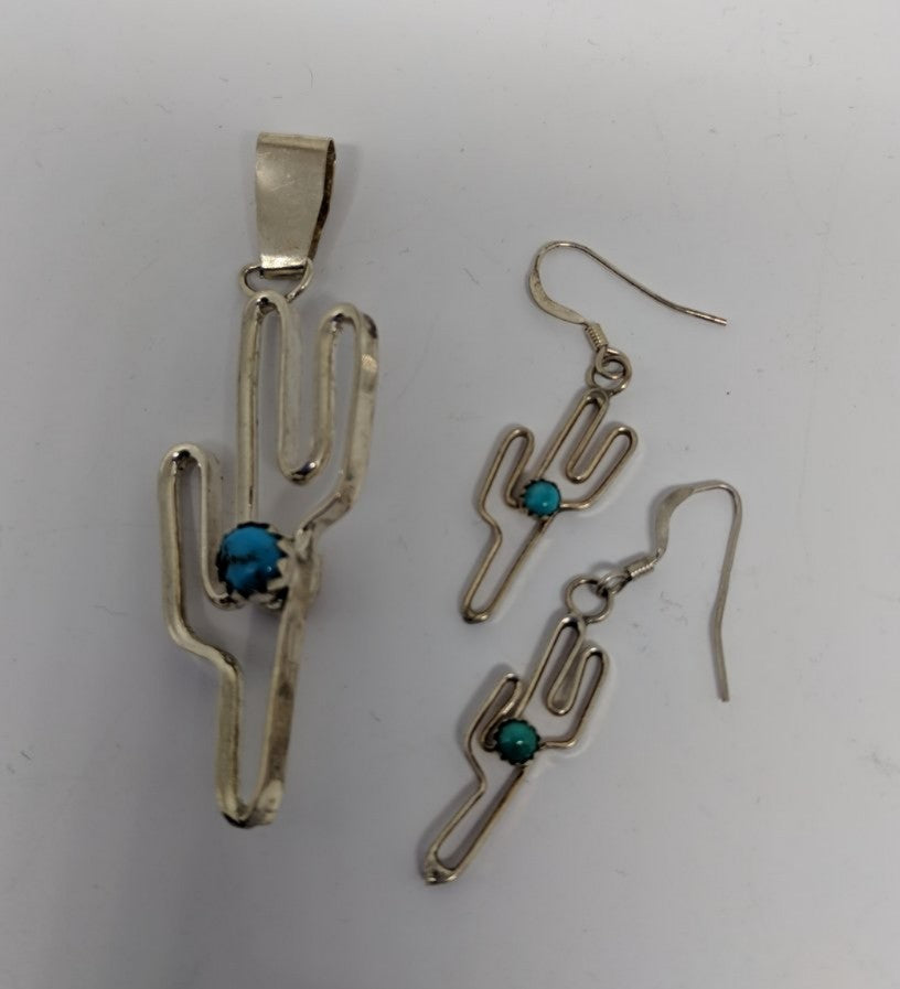 Navaho Reversible Sterling Cactus Pendant/Earrings set